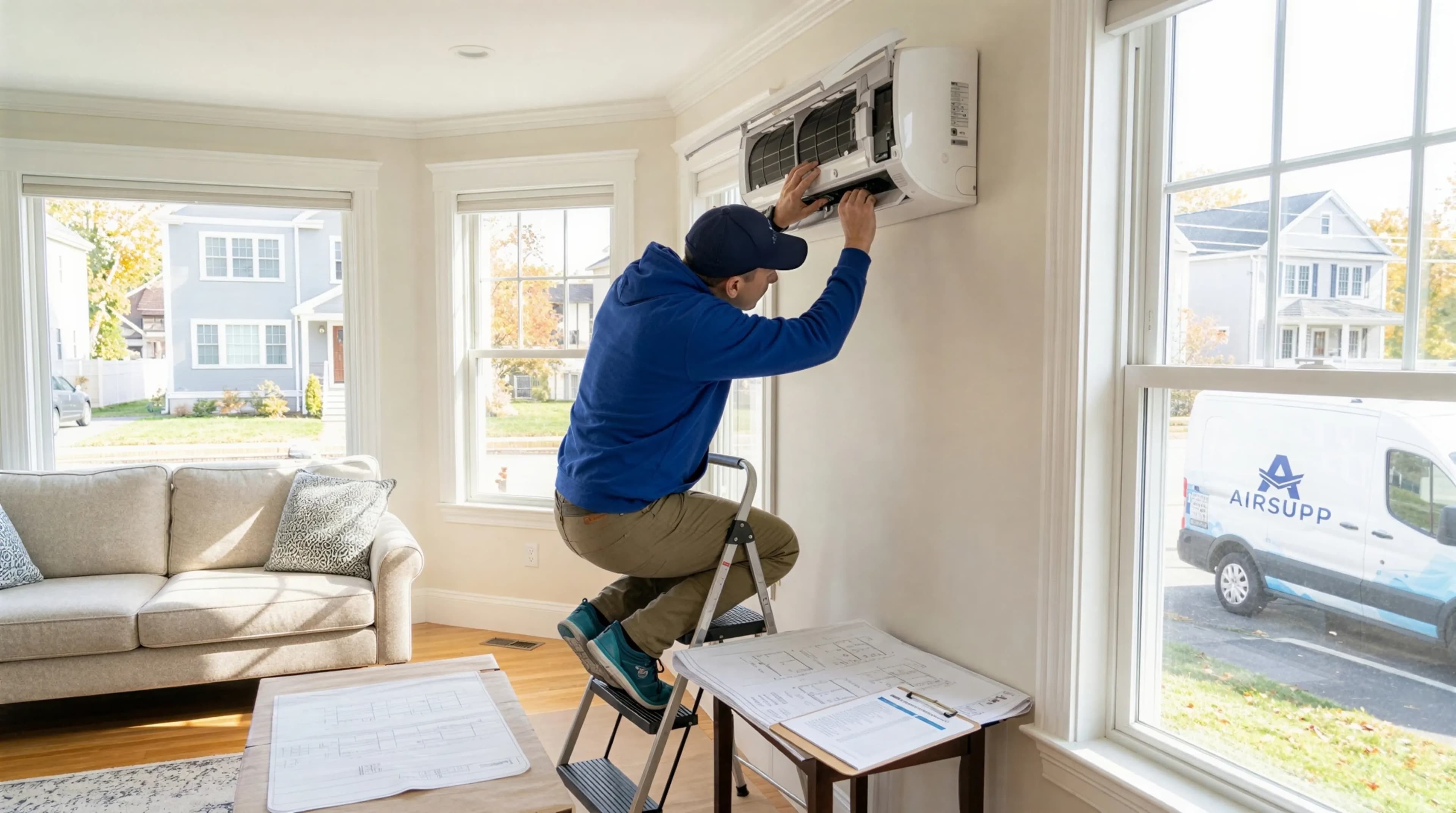 AirSupp technician on a step ladder servicing a wall-mounted ductless mini-split in a Greater Boston living room, with the AirSupp van parked outside